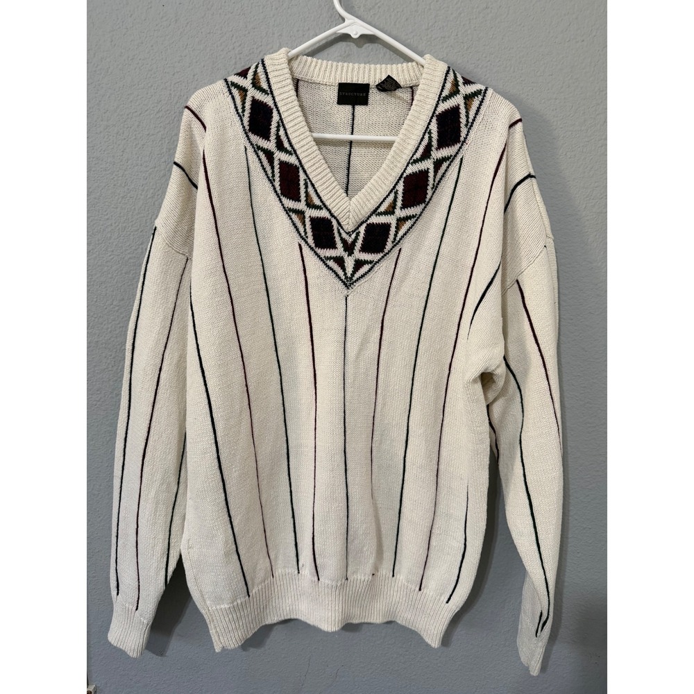 Vintage Structure 90s Mens Sweater M Ramie Cotton Cream Striped V-Neck Geometric